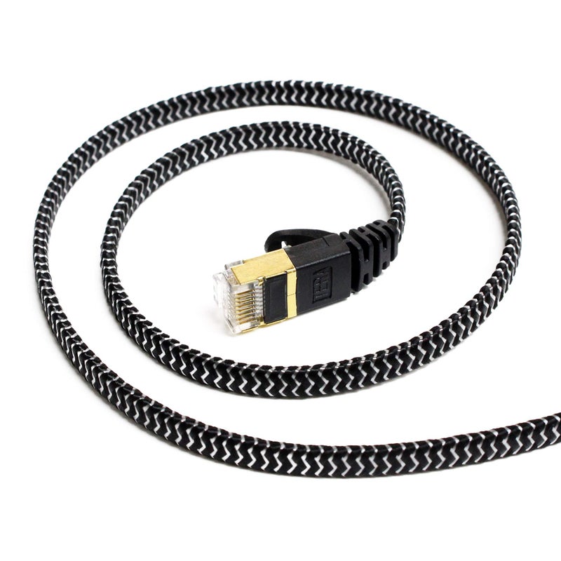 Tera Grand - 25FT - CAT7 10 Gigabit Ethernet Ultra Flat Patch Cable for Modem Router LAN Network - Braided Jacket, Gold Plated Shielded RJ45 Connectors, Faster Than CAT6a CAT6 CAT5e, Black & White - Image 5
